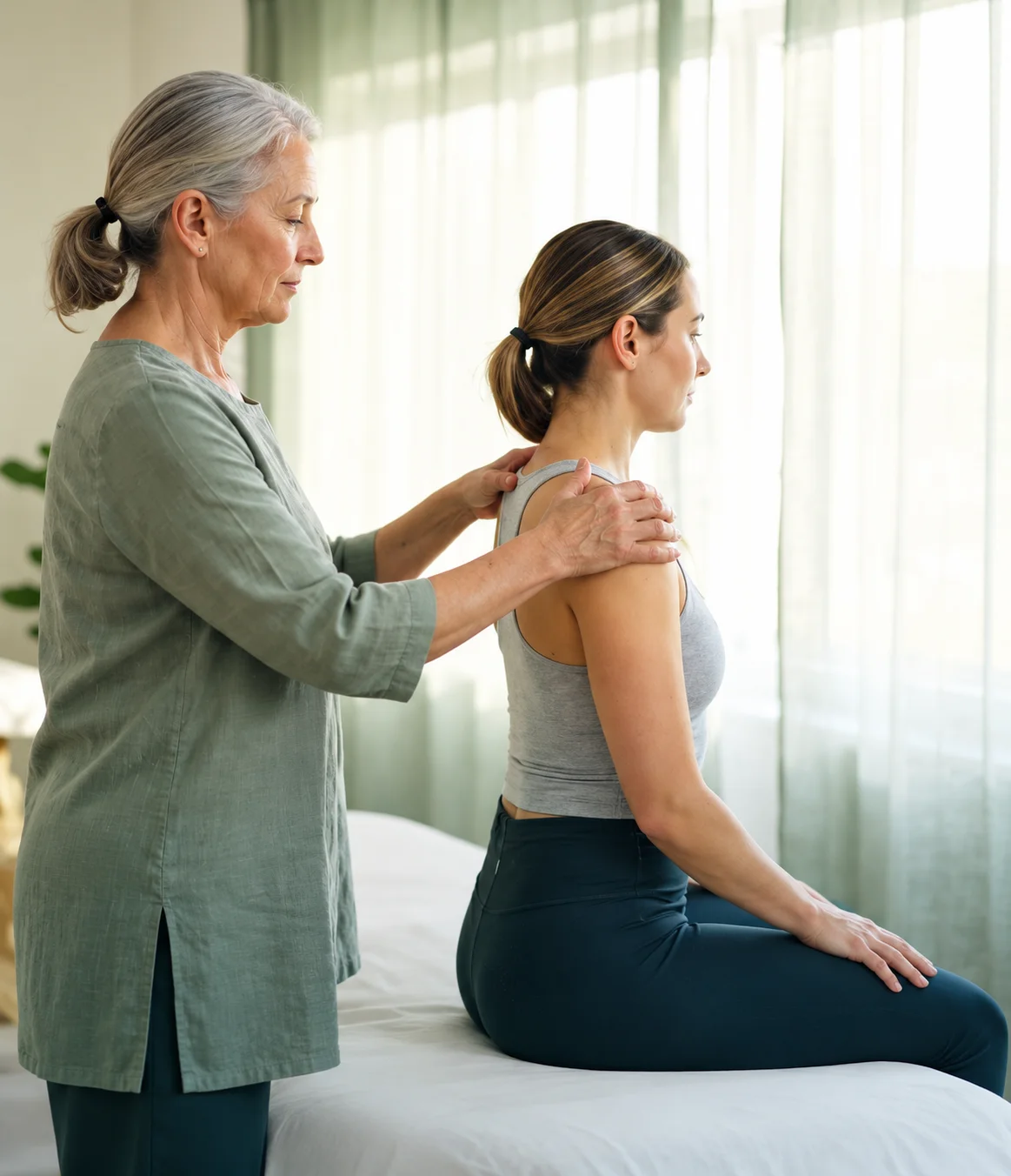 Physiotherapist supporting a patient with a shoulder mobility assessment